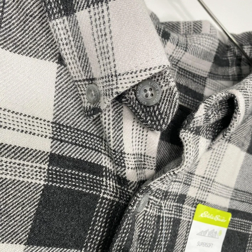 NWT Eddie Bauer Shirt Mens 2XL Gray Plaid Supersoft Stretch Flannel Button Front